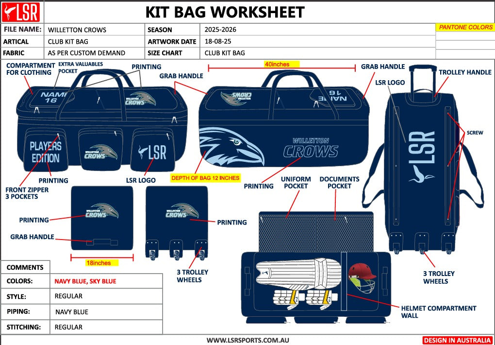 WILLETTON CROWS CRICKET CLUB - WHEELIE KIT BAG